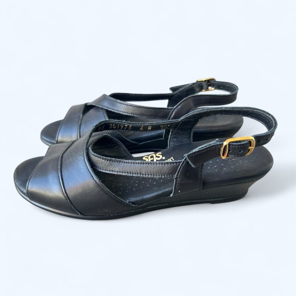SAS Caress Cross Strap Wedge Sandal Black Women's Size 6 N Comfort Shoes